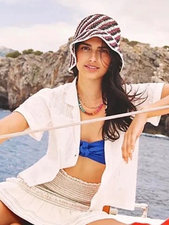 Anthropologie Crochet Bucket Hat Huayi Black Cream Stripe Sun Hat NWT $78